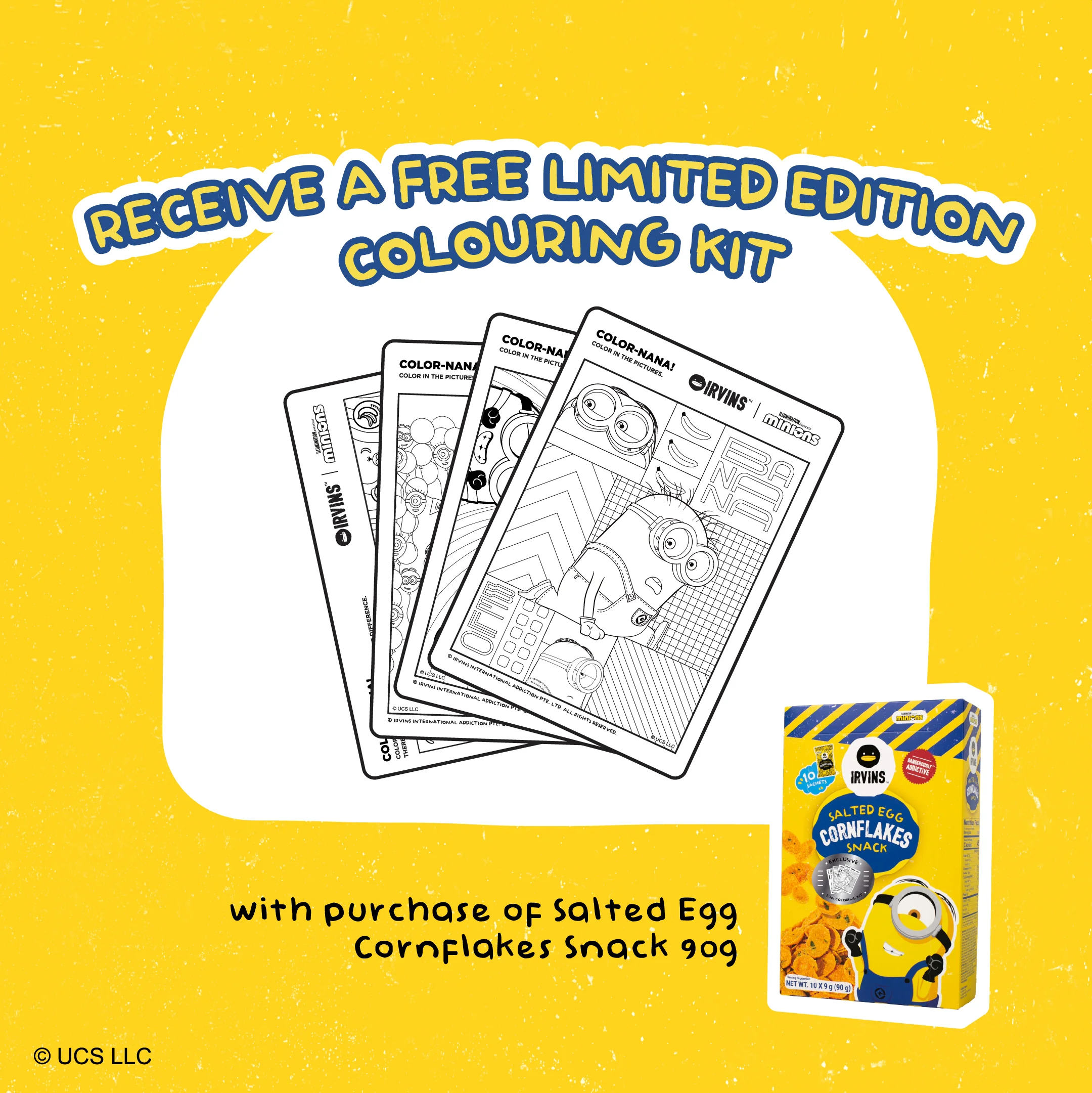 IRVINS x MINIONS Salted Egg Cornflakes Snack 90g (10 sachets x 9g) with Coloring Kit - Image 4